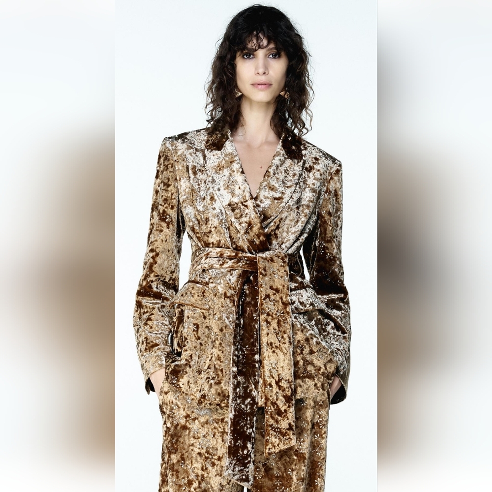 ZARA ZW COLLECTION GOLDEN METALLIC THREAD VELVET BLAZER WITH BELT 💛💛💛